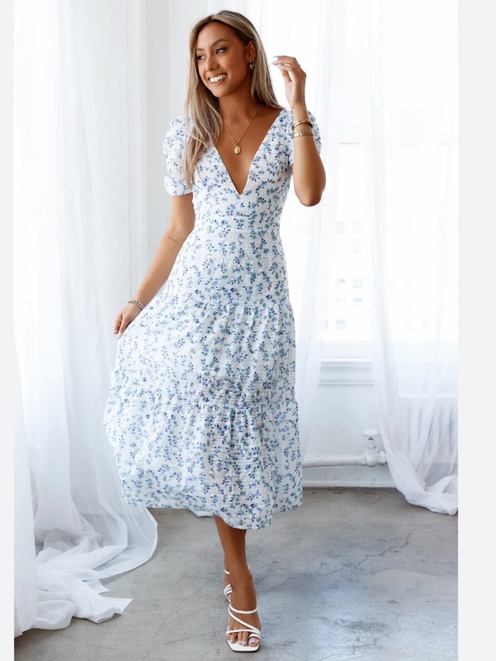 Hello Molly White & Blue Floral V-Neck Tiered Midi Dress